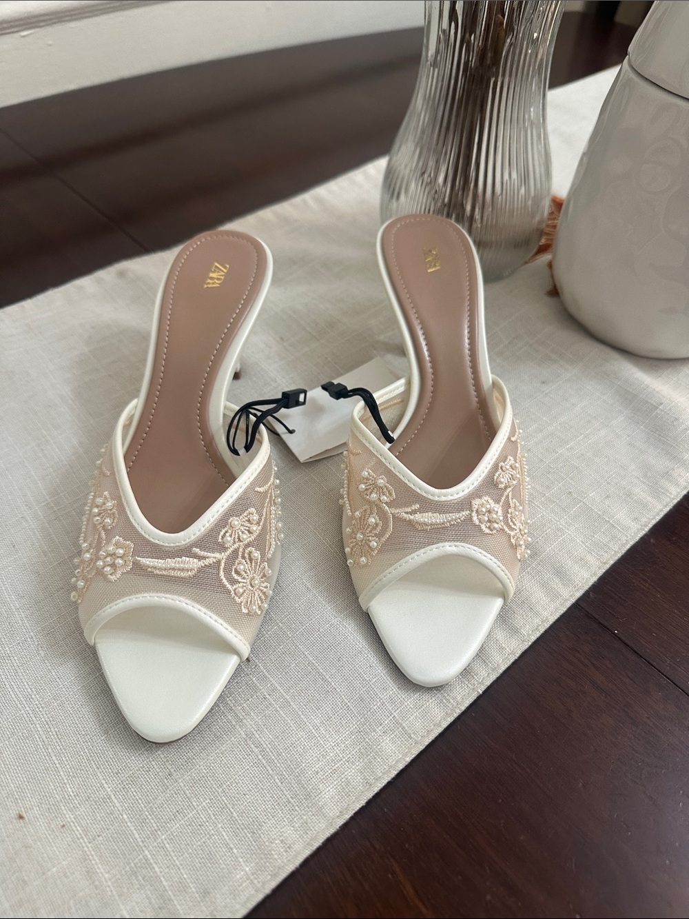 Zara Cream & Blush Embroidered Open-Toe Mules